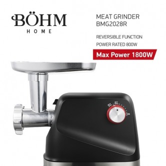 Masina de tocat carne electrica BOHM MG2028R 14687, 800-1800 W, productivitate 1.8 kg/min, 3 x site 3/5/7 mm, cutit, accesoriu carnati/kebbe